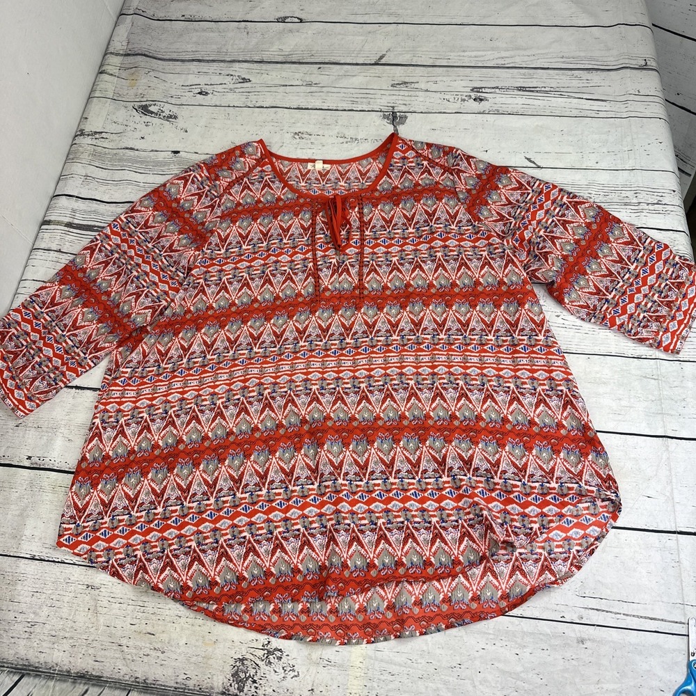 Antilia Femme Shirt Womens 2x Orange Prairie Peasant Semi Sheer Tie